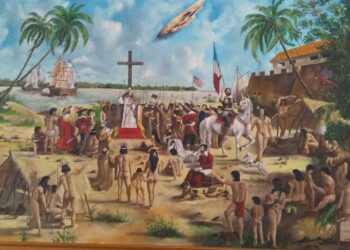 Cerimônia de posse com levantamento da cruz no dia 8 de setembro de 1612. Franceses com indígenas - Imagem: Litografia do séc. XVII