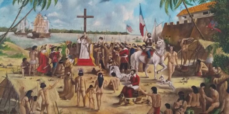 Cerimônia de posse com levantamento da cruz no dia 8 de setembro de 1612. Franceses com indígenas - Imagem: Litografia do séc. XVII