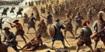 Ilustração da Batalha de Guaxenduba, na Praia de Santa Maria, em Icatu - Foto: Reprodução