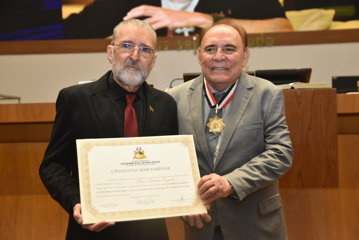  Os homenageados pela ALEMA: Plínio Túzzolo e o empresário Paulo Braid - Foto: Divulgação