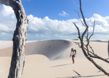 A travessia a pé pelos Lençóis Maranhenses oferece uma imersão completa na vastidão do parque nacional - Foto: Divulgação