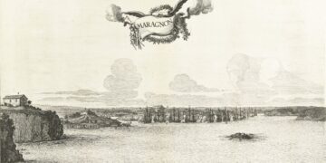 Brosterhuyzen, Jan van (gravador), a partir de desenho de Frans Post. Verovering van Maragnon, 1641{Conquista de Maranhão, 1641}. 1645-1647. Água-forte e gravura. Rijksmuseum,Amsterdã - Fonte: Guia de São Luís (1989) de Jomar Moraes