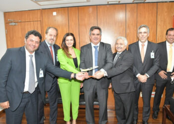 José Luiz Felício Filho, presidente da Voepass; Eduardo Sanovicz, presidente da Abear; Iracema Portella, deputada federal; Ciro Nogueira, ministro-chefe da Casa Civil; Elmano Ferrer, senador; Paulo Kakinoff, CEO da Gol; e Eduardo Busch, CEO da Voepass – Foto: Divulgação