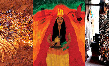 Detalhes das instalações Experimentações do manto no ambiente, de Glicéria Tupinambá; Retrato imaginário de Madalena Caramuru, inspirado em Glicéria Tupinambá, de Sophia Pinheiro; e A dança do pássaro tupinambá, de Fernanda Liberti (Imagens de cortesia dos artistas) – Foto: Divulgação