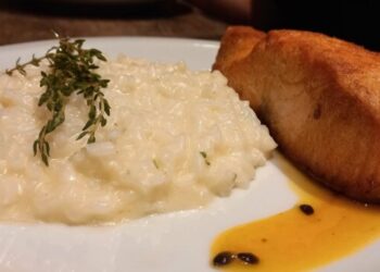 O agradável e saboroso Salmão com Arroz Ciciliano da Villa do Vinho Bistrô - Foto: Gutemberg Bogéa