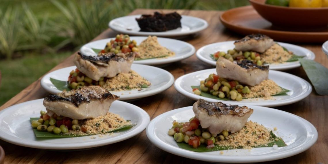Peixe grelhado na brasa, vinagrete de feijão verde e farofa de coentro, um dos pratos assinados pelo Chef Anderson Magalhães, do Terruá, presente no Terruá & Filho do Vento - Foto: Divulgação