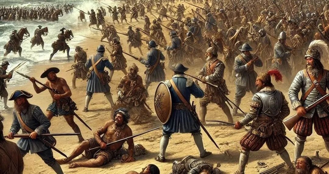 Ilustração da Batalha de Guaxenduba, na Praia de Santa Maria, em Icatu - Foto: Reprodução