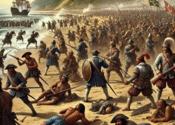 Ilustração da Batalha de Guaxenduba, na Praia de Santa Maria, em Icatu - Foto: Reprodução