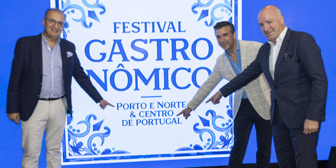 Luís Pedro Martins, presidente do Turismo do Porto e Norte de Portugal; Rui Ventura, presidente do Turismo do Centro de Portugal; e Jorge Loureiro, vice-presidente do Turismo do Centro de Portugal, durante a abertura do Festival Gastronômico do Porto e Norte & Centro de Portugal, em Belém - Foto: João Ramid