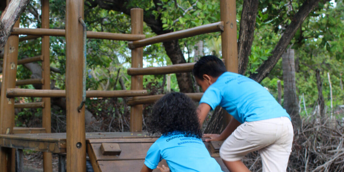 Com estrutura em madeira, playground infantil conta também com escorregador e balanço - Foto: João Soares