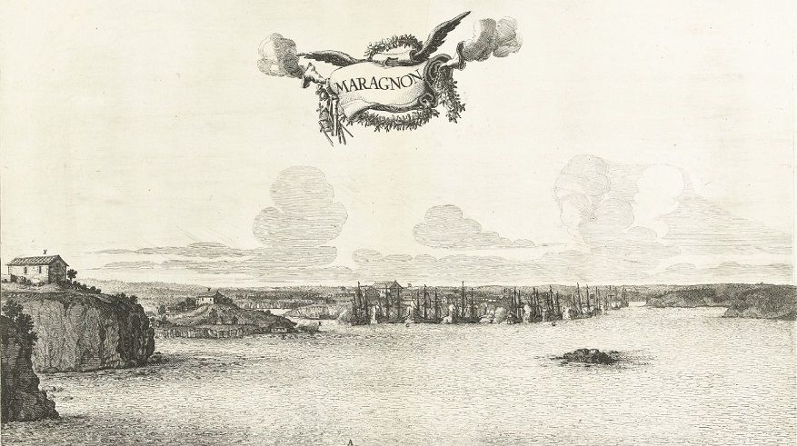 Brosterhuyzen, Jan van (gravador), a partir de desenho de Frans Post. Verovering van Maragnon, 1641{Conquista de Maranhão, 1641}. 1645-1647. Água-forte e gravura. Rijksmuseum,Amsterdã - Fonte: Guia de São Luís (1989) de Jomar Moraes