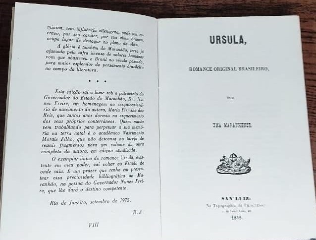 Livro Úrsula, de Maria Firmina, segunda edição fac-simile de 1975, organizada pelo bibliofilo Horácio de Almeida – Foto: Reprodução