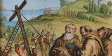 Gravura do século XVII, retratando os capuchinhos franceses e os indígenas tupinambás erguendo a cruz na ilha do Maranhão na cerimônia do 8 de setembro de 1612 – Foto: Reprodução
