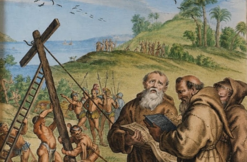 Gravura do século XVII, retratando os capuchinhos franceses e os indígenas tupinambás erguendo a cruz na ilha do Maranhão na cerimônia do 8 de setembro de 1612 – Foto: Reprodução